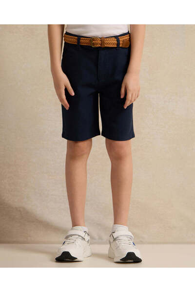 REDTAG Boys Navy Dobby Belted Shorts