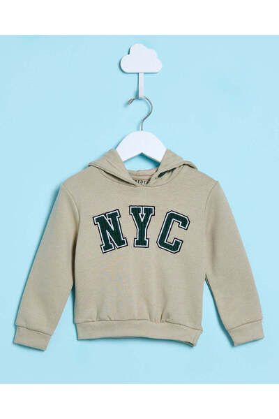 REDTAG Infant Boys Beige Hooded Sweatshirt With Embroidery