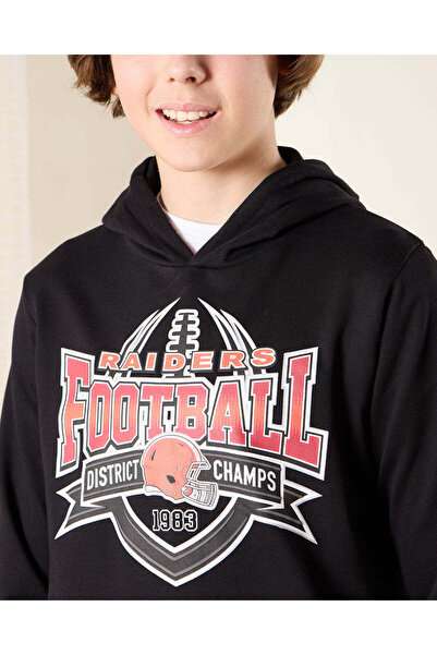 REDTAG Senior Boys Black Printed Hooded Sweatshirt