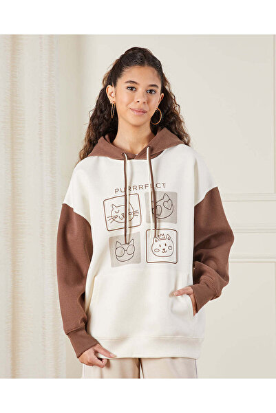 REDTAG Senior Girls White And Brown Hooded Oversize Sweatshirt