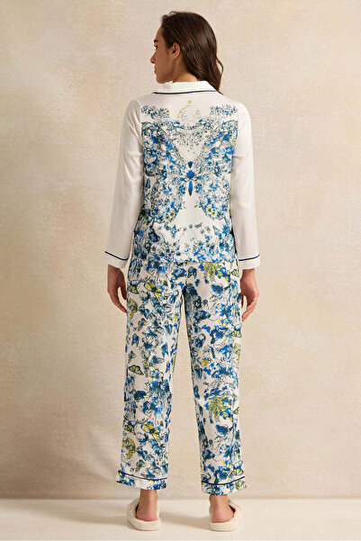 REDTAG Women Blue And White Satin Classic Pyjama Set (2 Piece)