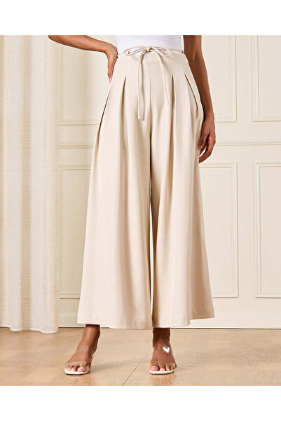 REDTAG Women Beige Pleated Trousers With Self Fabric Belt