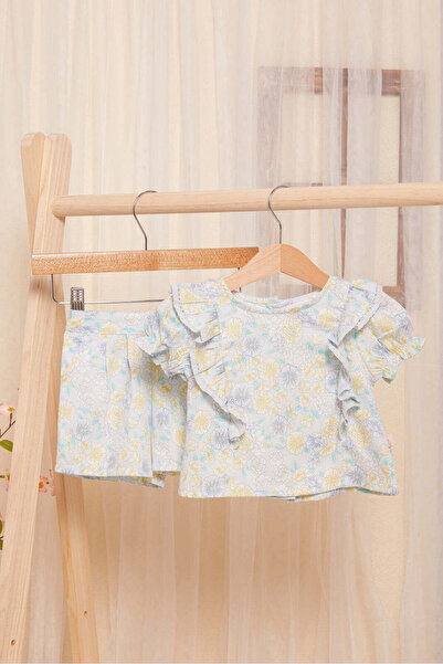 REDTAG Infant Girls Blue Floral Print Set (2 Piece)