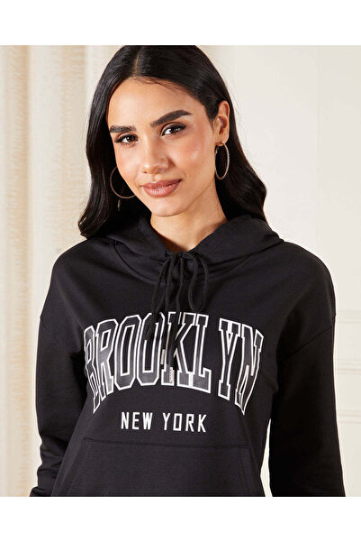 REDTAG Women Black Hooded Sweatshirt