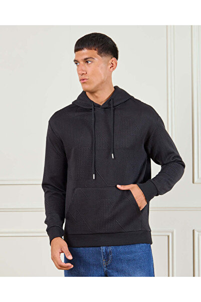 REDTAG Men Black Jacquard Hooded Pullover