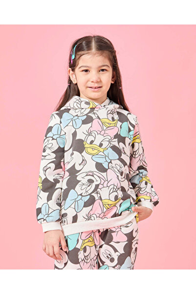 REDTAG Girls Ivory Minnie Mouse Print Hooded Sweatshirt