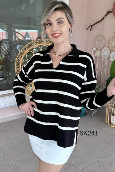 İnce Topuk بلوزة تريكو مخططة بياقة بولو 6k241