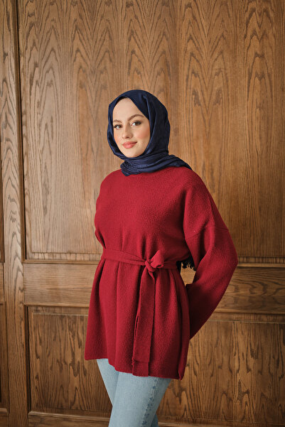 LOCCO Pulover de pluș cu detaliu curea pentru femei, roșu claret