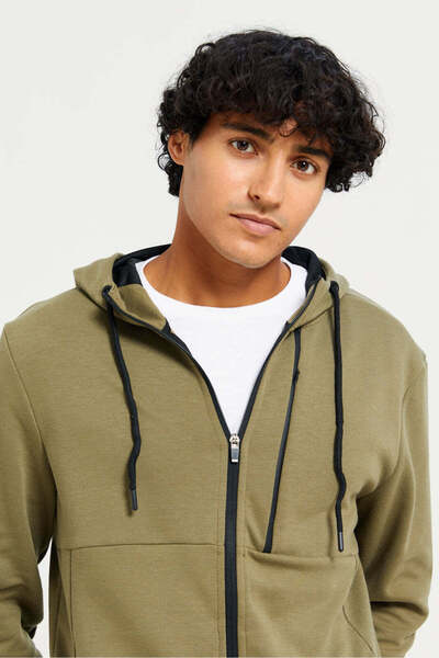REDTAG Men Green Zip-Through Hooded sweatshirt