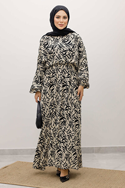 Tesettür Dünyası Elastic Waist Bat Sleeve Viscose Dress Tsd250235 Beige