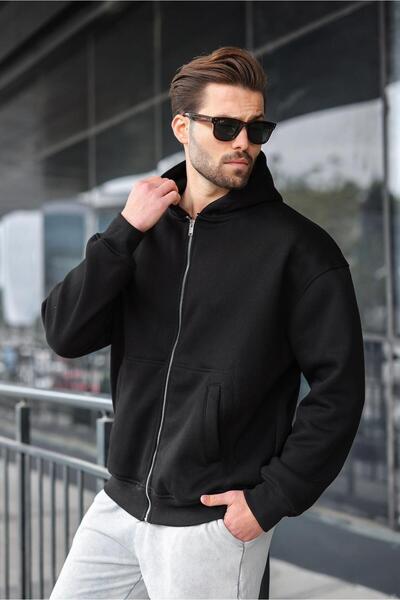 Madmext Black Zippered Hooded Men's Cardigan E7174