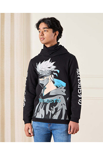 REDTAG Senior Boys Black Anime Print Sweatshirt