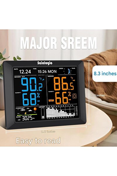 sainlogic 8.3” digital weather station – temperature, humidity, forecast, clock, alarm, outdoor sensor 100 m