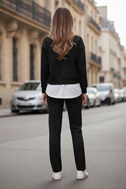 The Γυναικείο Σετ Φούτερ και Παντελόνι με λεπτομέρεια στο κάτω μέρος της φούστας- Μαύρο/Μελανζέ/Γκρι