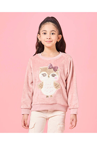 REDTAG Girls Pink Owl Placement Print Sweatshirt