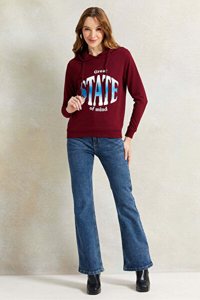 REDTAG Women Burgundy Print Hooded Sweatshirt
