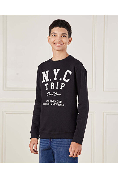 REDTAG Senior Boys Black NYC Printed Sweatshirt