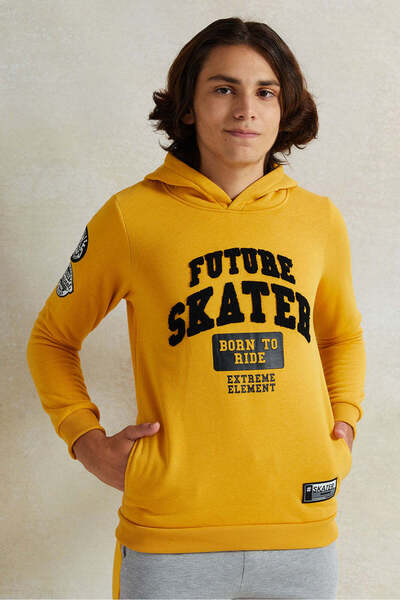 REDTAG Senior Boys Mustard Printed Hooded Sweatshirt