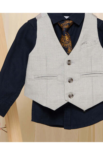 REDTAG Infant Boys Grey Vest And Navy Shirts With Printed Tie Set (3 Piece)