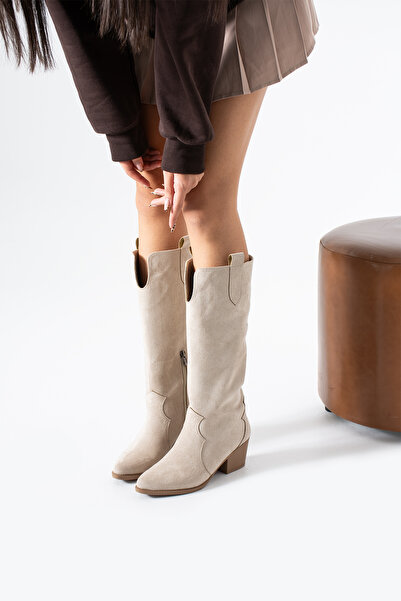 Gökçe Shoes Glory Bej Süet Western Yarım Fermuar Kadın Topuklu Çizme