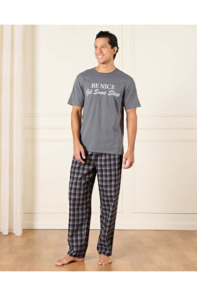 REDTAG Men Grey And Black Pyjama Set (2 Piece)