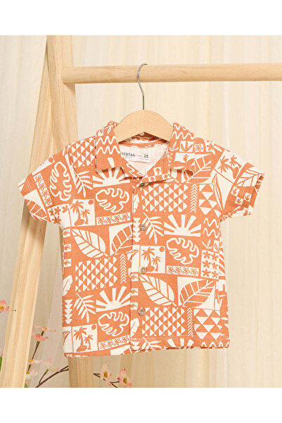 REDTAG Infant Boys Orange Printed Shirts And Short Set (2 Piece)