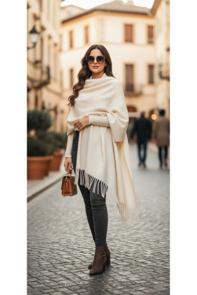 katalya Noir Fringe Shawl Tasseled Shawl - Beige