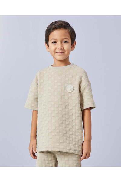 REDTAG Boys Beige Jacquard T-Shirt With Shorts Set (2 Piece)