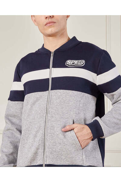 REDTAG Men Navy And Grey Zip Through Sweatshirt