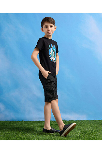 REDTAG Boys Black Cargo Pockets Denim Shorts