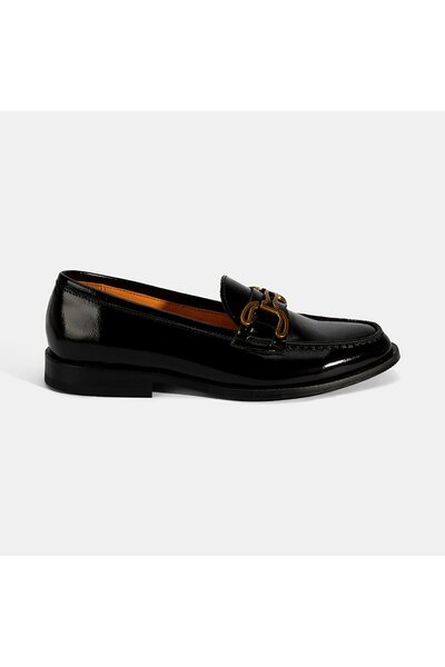 Desa Women's Black Patent Leather Loafer with Metal Buckle Accessories