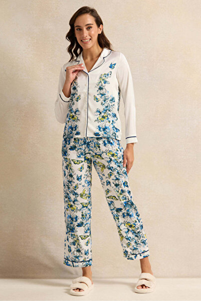 REDTAG Women Blue And White Satin Classic Pyjama Set (2 Piece)