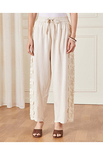 REDTAG Women Cream Lace Detailed Wide Leg Trousers