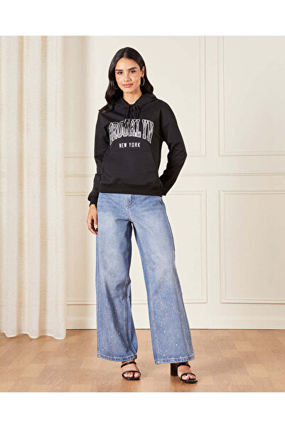 REDTAG Women Black Hooded Sweatshirt