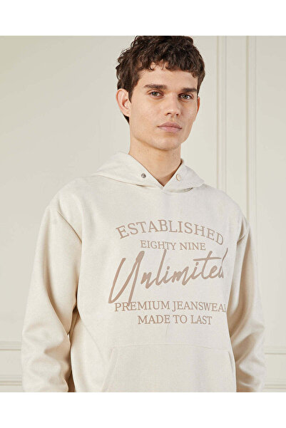 REDTAG Men Beige Suede Hooded Sweatshirt