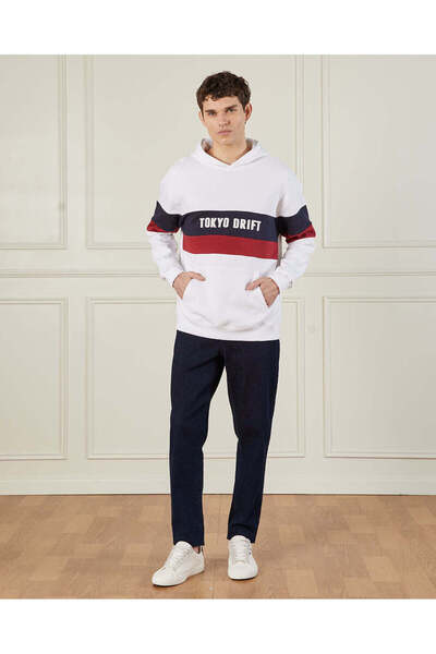 REDTAG Men White Printed Hooded Sweatshirt