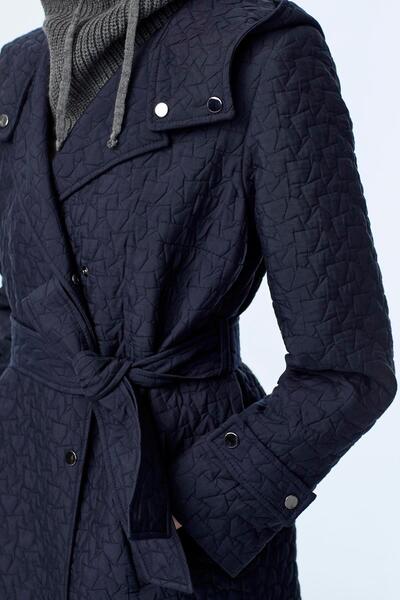 Zühre Hooded Patterned Belted Navy Blue Wear It Out 13976