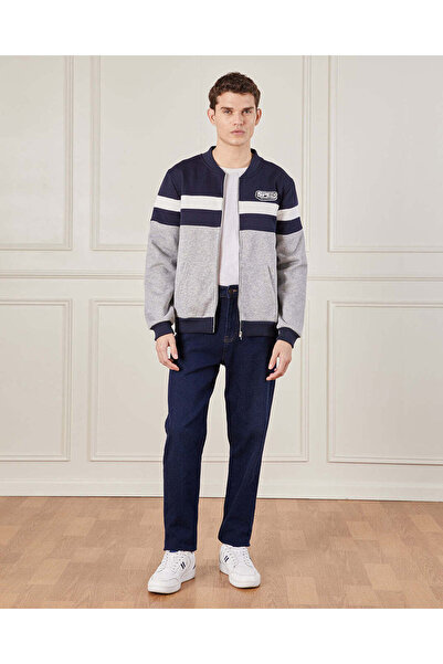 REDTAG Men Navy And Grey Zip Through Sweatshirt