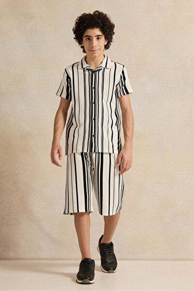 REDTAG Senior Boys White Jacquard Collared Casual Set