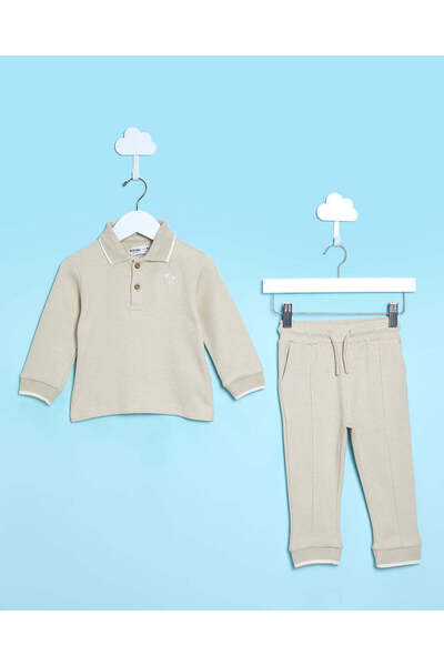 REDTAG Infant Boys Beige Jacuard Polo Active Set (2 Piece)