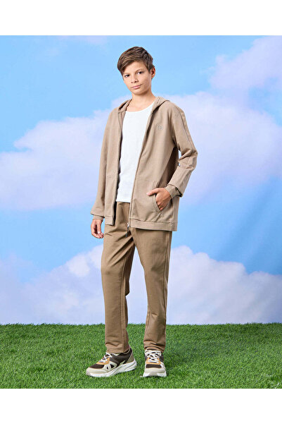 REDTAG Senior Boys Brown Zip Through Hooded Sweatshirt