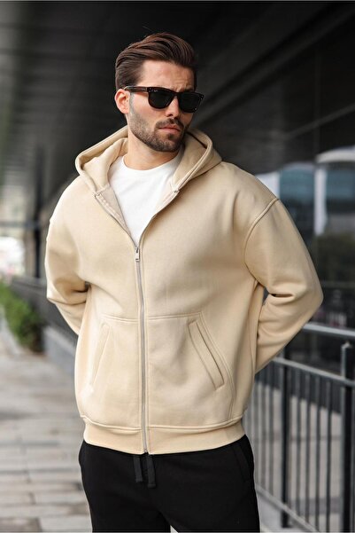 Madmext Beige Zippered Hooded Men's Cardigan E7174