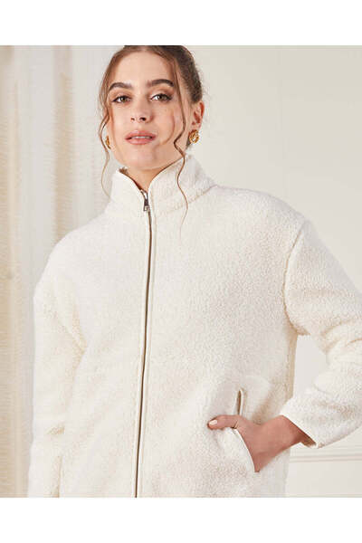 REDTAG Women White Fur Zip Through Sweatshirt