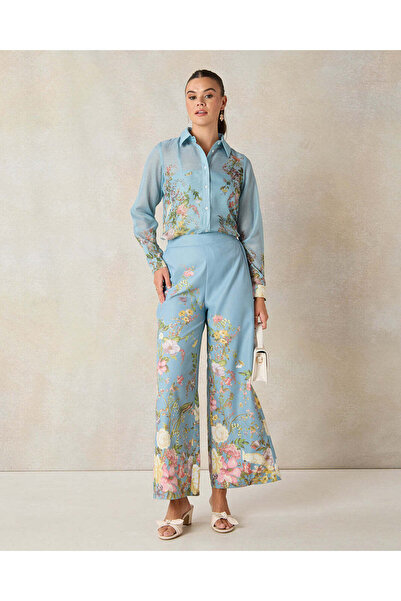 REDTAG Women Blue Printed Wide Leg Trousers