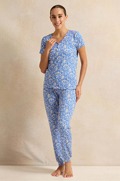 REDTAG Women Blue Printed Pyjama Set (2 Piece)
