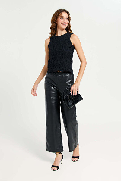 REDTAG Women Black Leather Wide Leg Pants