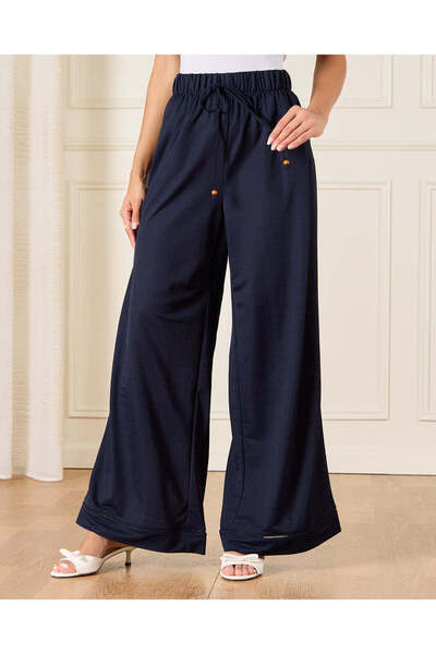 REDTAG Women Navy Elasticated Waist Wide Leg Trousers