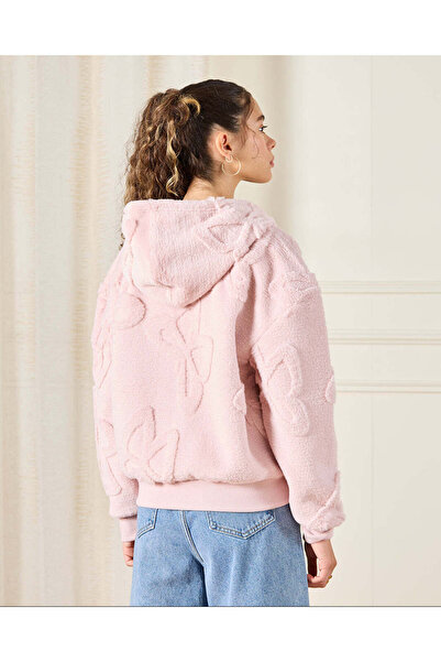 REDTAG Senior Girls Pink Hooded Zipper Front Fur Sweatshirt