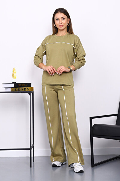 İmajButik Oil Green Piped Detail Sweat Pants Set