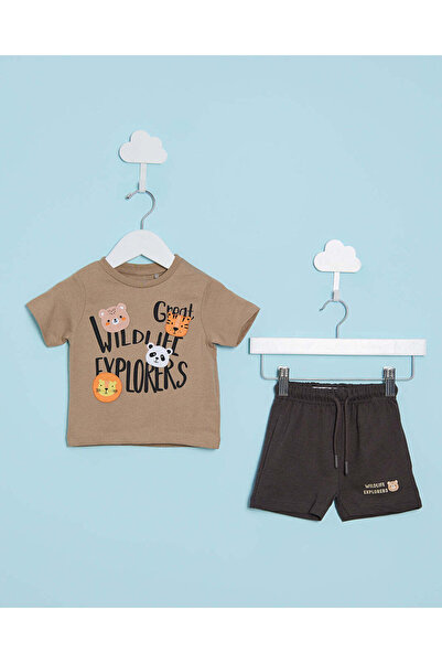 REDTAG Infant Boys Brown And Charcoal Casual Set (2 Piece)